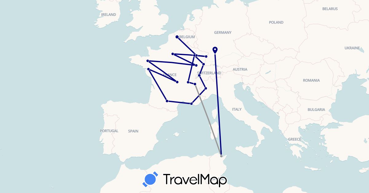 TravelMap itinerary: driving, plane in Switzerland, Germany, France, Italy, Tunisia (Africa, Europe)